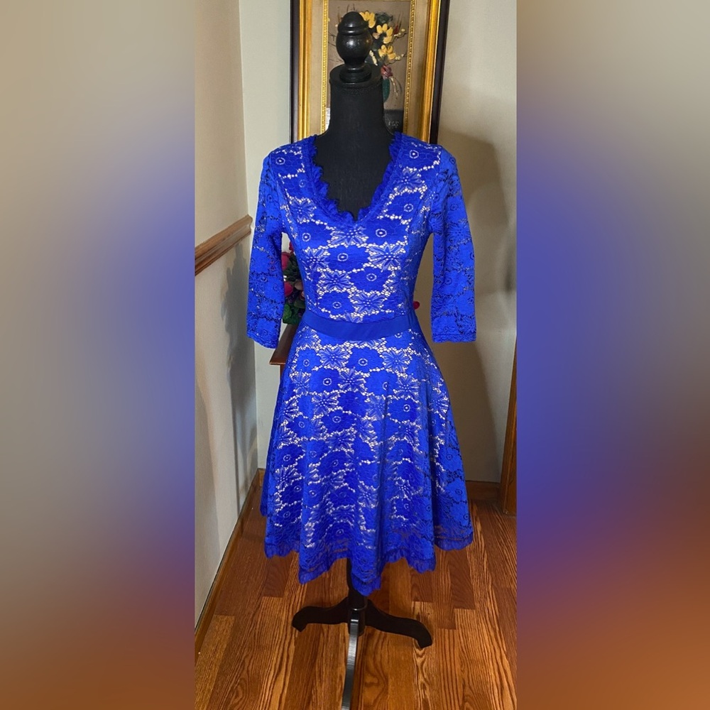 Sophisticated fit and flare blue lace dress, Size small
